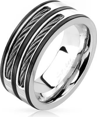Produktbild von Herren Ring Herrenring Edelstahl Stahlseil Wire Inlays silber schwarz black silber-schwarz 59 - Ø 18,95 mm