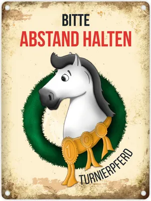 Produktbild von Metallschild mit weißes Pferd Motiv und Spruch: Bitte Abstand halten -