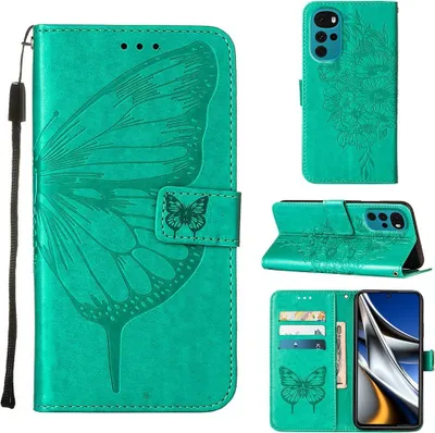 Produktbild von Moto G22 Hülle, Schmetterling Prägung Flip Leder Kartenfächer Schutzhülle Ledertasche mit Ständer für Motorola Moto G22 Grün