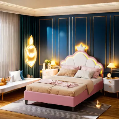 Produktbild von UnboxG Kinderbett Polsterbett 140×200 cm mit Lattenrost, Kinderbett mit Kronenförmigem Kopfteil, Jugendbett Einzelbett mit Led, Prinzessinnenbett Holzbett,Rosa