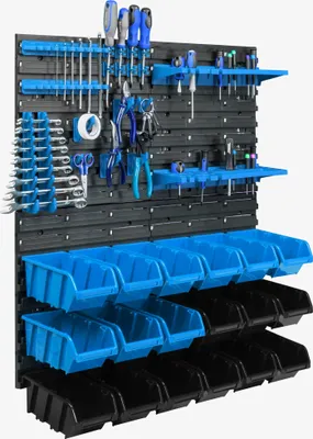 Produktbild von 18 Stapelboxen Wandregal Kunststoff 77 x 78 cm Werkzeughalter Werkstatt Garage  Lagersystem Sichtlagerkästen Schütte