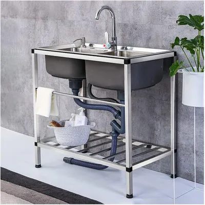 Produktbild von Edelstahl-Spülbecken mit Doppelbecken, freistehendes, gewerbliches Restaurant-Küchenspülbecken mit Kalt-Warmwasser-Wasserhahn