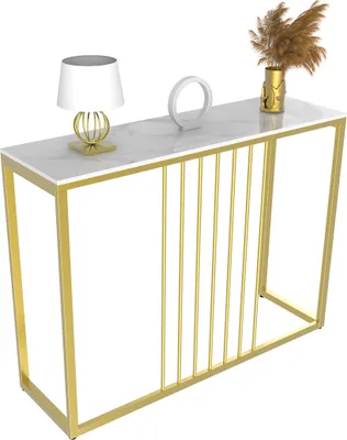 Image de WISFOR Table console en marbre Table de couloir Table décorative Buffet Table d'appoint avec cadre métallique doré Salon Entrée