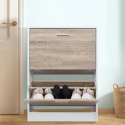 Produktbild von CASABEL Schuhschrank für 12 Paar,  große Kapazität für Eingangsbereich,  L 60 x T 24 x H 80 cm,  Türen aus hellem Holz, Rahmen weiß