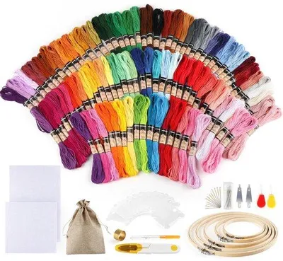 Produktbild von Stickerei-Set, 100 farbige Fäden Kreuzstich-Set, mit Jutetaschen Bambusrahmen Stickerei Stoff für Stickerei Kreuzstich-stricken brasilianische Armbänder