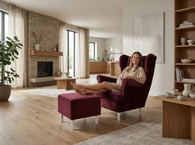 Produktbild von Ohrensessel DIANA Monolit mit Hocker – Sessel-Set mit Knopfheftung, Velours Bordeaux, Family Meble, KI-generiertes Bild