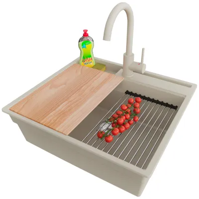Produktbild von PRIMAGRAN Granitspüle Beige 58x53cm, Spülbecken 1 Becken + Ablauf-Set + Küchenzubehörset, Küchenspüle ab 60er Unterschrank - Oslo Pocket