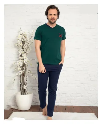Produktbild von Herren Pyjama Schlafanzug Grün L Kurz 2-Teiler Set Baumwolle L-45