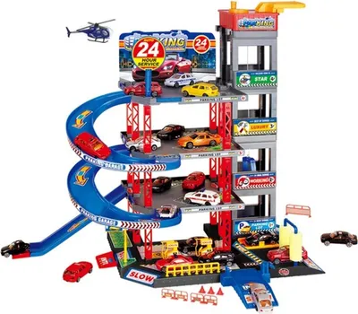 Produktbild von Ariko XXL Parkhaus - Garagen-Spielset - 4 Autos - Hubschrauber - Aufzug - Autowaschanlage - Hubschrauberplattform - Zubehör