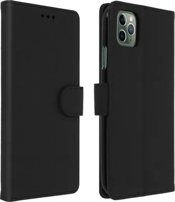 A black flip cover wallet case for an iPhone 11 Pro Max is shown from two angles.