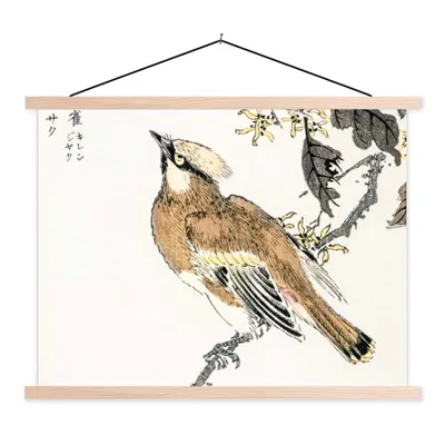 Produktbild von MuchoWow® Textilposter Japanisch - Vogel - Baum 120x90 cm mit holzfarbenen Rahmen - Magnetisch
