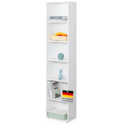 A tall, white, six-shelf bookcase is shown against a white background.