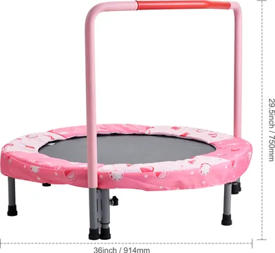 A pink children's trampoline with a safety handle.