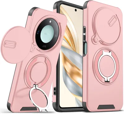 Image de Etui double couche pour Honor X9C Smart, avec couvercle coulissant pour l'appareil photo et support magnétique en forme d'anneau Rose