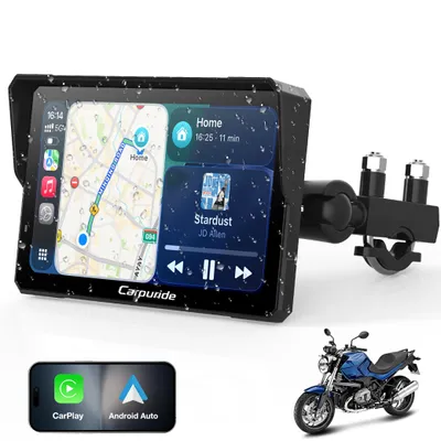 Produktbild von Carpuride 702 Motorrad GPS Carplay Bildschirm 7 Zoll Kabelloses CarPlay und Android Auto, Tragbarer Wasserdichter Touchscreen, Bluetooth, Navigation