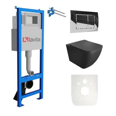 Produktbild von Lavita Vorwandelement inkl. Drückerplatte + Wand WC LINO BLACK ohne Spülrand+ WC-Sitz mit Soft-Close-Absenkautomatik (Drückerplatte QC) Schwarz