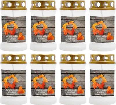 Produktbild von Grabkerze Weiß 8er Pack, Brenndauer: 40 Stunden ( je Kerze ), Motiv: Laub Herz