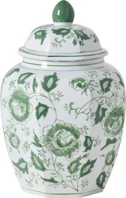 Produktbild von BELIANI Blumenvase mit Deckel Weiß u. Grün Porzellan 29 cm Hoch Mittelgroß Gewölbt Handgemacht Chinesische Deckelvase Urnenvase Keramikvase Bodenvase