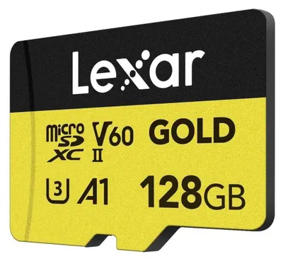 A close-up product shot of a Lexar Professional GOLD MicroSDXC memory card.