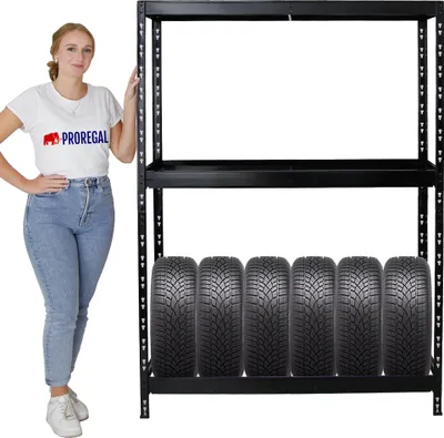 Produktbild von Reifenregal Tiger | HxBxT 180x130x50 cm | bis zu 12 Reifen | mit Fachboden | Schwarz
