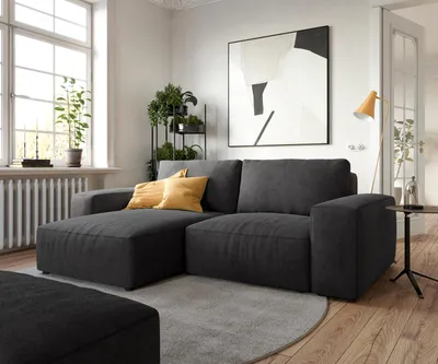 Produktbild von DELIFE Ecksofa Lanzo 230x155 cm Mikrofaser Schwarz Recamiere variabel mit Hocker