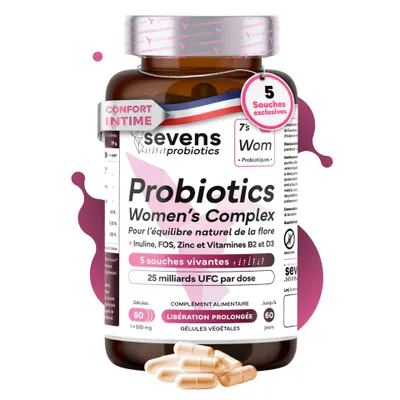 Image de Probiotiques pour femmes, gélules, 5 souches avec 12,5 milliards d'UFC de Lactobacillus, 60 gélules – Sevens