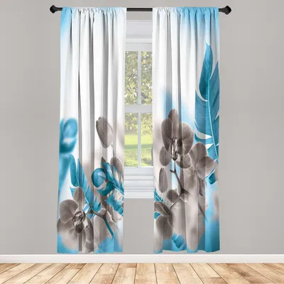 Produktbild von ABAKUHAUS Tropisch Vorhänge 2 Panel Set für Wohnzimmer Schlafzimmer Dekor, Exotische Orchideen Blüten Blätter Auf Unscharfen Hintergrund Floral Themed Moderne Kunst, 150 cm x 225 cm, Himmelblau