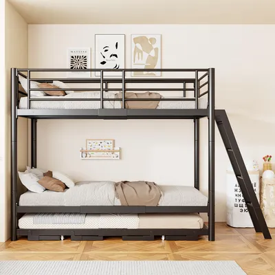 Produktbild von okwish Etagenbett 90×200 mit Ausziehbett,3 Schlafplätzen,Jugendbett platzsparendes Design,Metallbett Schwarz,ohne Matratze