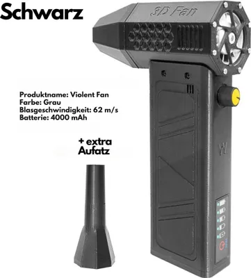 A gray 3D fan with product details and an extra nozzle shown separately.