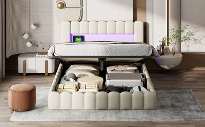 Produktbild von Modernes Erwachsenenbett, 160 x 200 cm, mit LED-Beleuchtung, Stauraum, USB-Anschluss, fleckenabweisend, Beige, Leinen