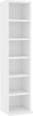 A tall, narrow white bookshelf with six shelves.