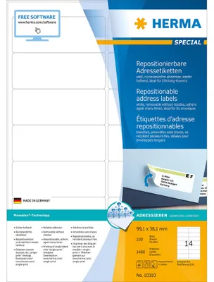Obrázok produktu pre HERMA 10310, Biela, Papája, Laserový, Matte, Odnímateľné, Zaoblený obdĺžnik