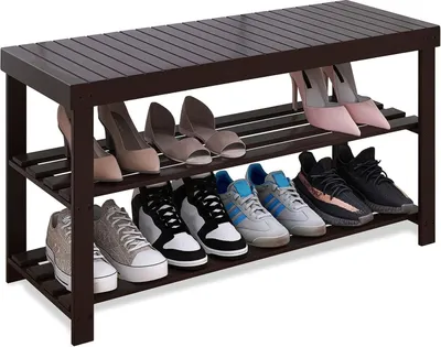 Obrázok produktu pre Bambusová lavica na topánky so sedadlom a 3 policami, tmavohnedá 86 x 28,5 x 45,5 cm
