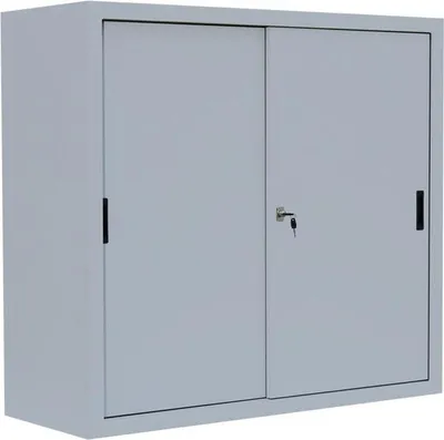 A gray metal cabinet with two sliding doors and a lock.