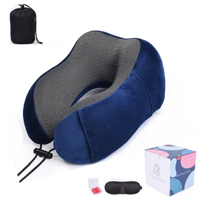 Produktbild von Nackenkissen(Dunkelblau)mit Schlafmaske,Ohrstöpsel,Tasche,weicher Memory-Schaum,ergonomisch geformtes Nackenstützkissen,Reisekissen ideal für Reisen