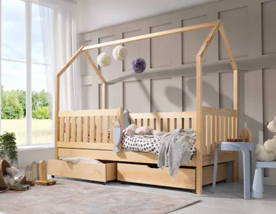 Produktbild von KEF Bett Nel Haus Ebenerdig Einzelbett mit Zwei Schubladen Kinder – Kinderbett  – Lackiert – Höhe 160 cm - 80x180 Mit Rausfallschutz Ohne Matratze