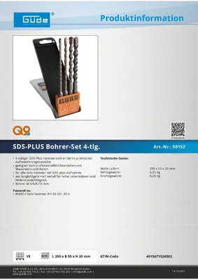 Zdjęcie produktu dla Zestaw wierteł do betonu Güde SDS Plus 4 szt. Ø 5/6/8/10 mm