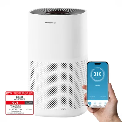 Produktbild von Emerio Luftreiniger – 45 m² – 50 dB – HEPA-13 & Aktivkohlefilter – mit App – Ionisationsfunktion – Luftqualitätsanzeige – Timer – AP-132325