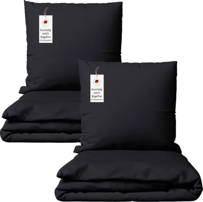Produktbild von Bettwäsche 135x200 cm Schwarz 4-teilig einfarbig Mikrofaser Bettbezug mit Kissenbezug 80x80 cm – bügelfrei & hautfreundlich