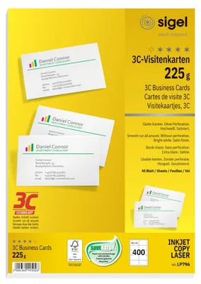 Produktbild von SIGEL LP796 bedruckbare Visitenkarten 3C, 400 Stück (40 Blatt), hochweiß, glatter Schnitt rundum, 225 g, 85x55 mm