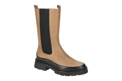 A single beige and black boot is shown against a white background.