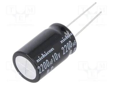 Produktbild von 1x Kondensator: elektrolytisch 2200uF 10VDC bipolar THT Ø10x20mm UEP1A222MHD Elek