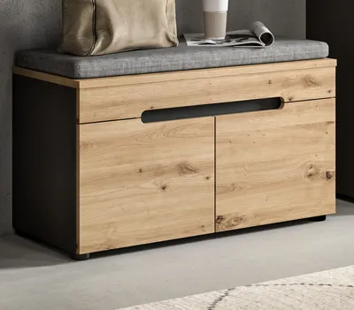 Produktbild von Garderobe Sitzbank "Cooper" Artisan Eiche und grau Schuhbank mit Soft-Close und Sitzkissen