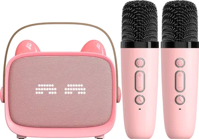 Produktbild von Kinder Karaoke-Lautsprecher mit 2 Mikrofone bunte Lichter Unterstützung Rauschunterdrückung BT für Smartphone Rosy