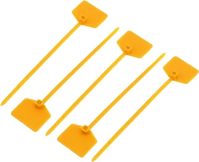 Produktbild von 10 selbstsichernde 3×120 mm Nylon-Kabelelemente, gelbes Drahtetikett, Kabelmarkierungsverbinder.