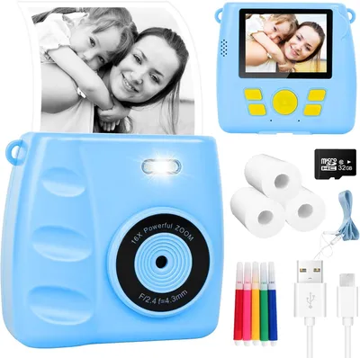 Produktbild von Kinderkamera, Sofortbildkamera, DigitalKamera, 1080P 2,4 Zoll Bildschirm, mit 3 Rollen Druckpapier&32GB Karte, Geschenk für Kinder