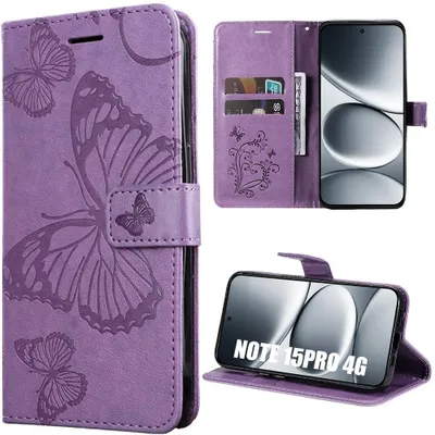 Image de Coque pour Xiaomi Redmi Note 15 Pro 4G, Anti-Rayures Cuir Synthétique Violet Motif Papillon