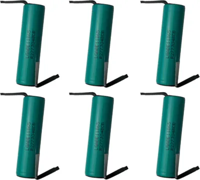 Six green lithium-ion batteries with black wires are arranged in two rows of three on a white background.