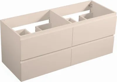 A beige bathroom vanity cabinet with four drawers, shown from a three-quarter angle.