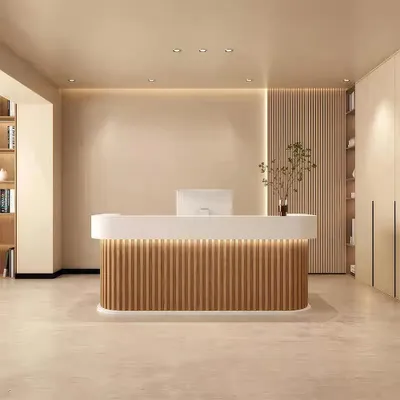 Image de Comptoir d'accueil, comptoir de bar, design à coins arrondis, motif à rayures verticales, salon, hôtel, comptoir d'accueil de magasin Braun 260 × 60 × 100 cm 【Baise+yuanmuse260】